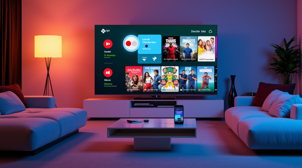 a modern living room setup featuring a large smart tv displaying an intuitive iptv interface with l 7mdzs5w9dbf5fqc8c93k 0