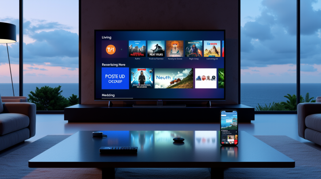 a modern living room setup featuring a large smart tv displaying an intuitive iptv interface with l ni7aoklb7n2s2kv268pr 0